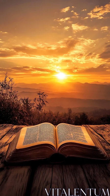 Open Bible glows under radiant mountain sunrise sky.