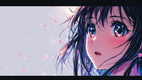 Blushing anime girl under soft falling petals at dusk.