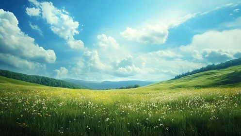 Digital meadow panorama with atmospheric perspective rendering.
