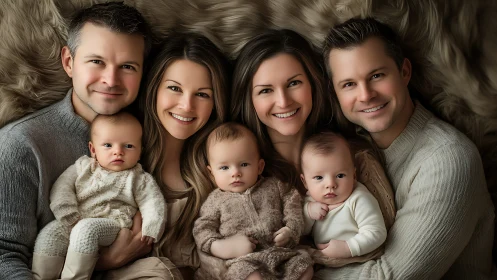 Multi-generational family group portrait with adults and infants