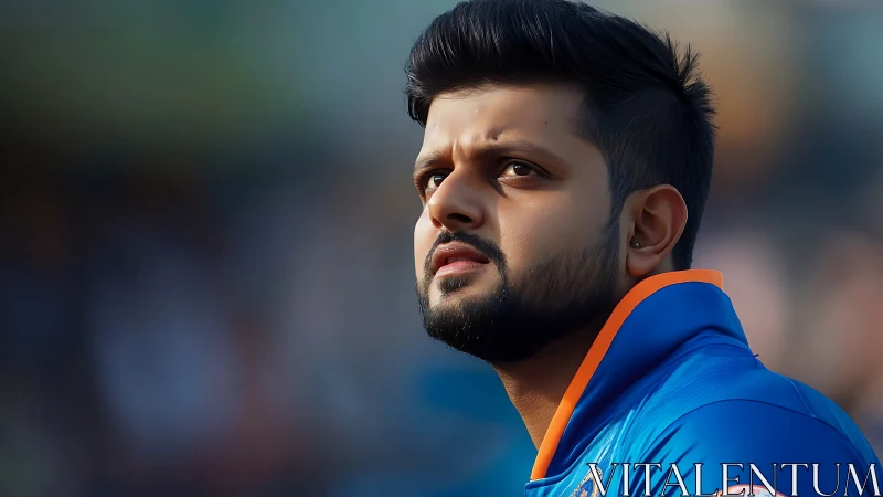 Focused cricket player gazes ahead with calm determination.