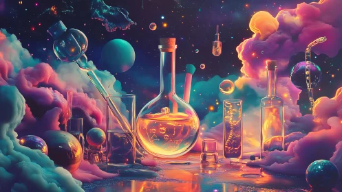 Cosmic alchemy laboratory in neon vapor clouds at night.