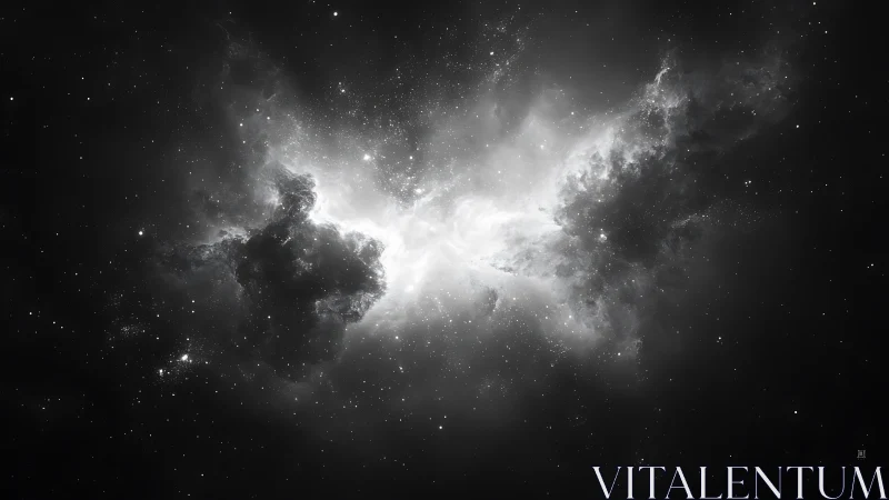 Monochrome bipolar nebula with high-contrast stellar diffusion.