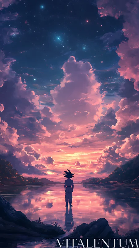Anime hero gazes over pastel sunset sky and mirrored lake
