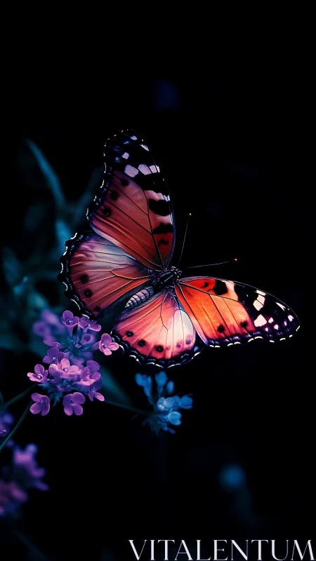 Butterfly rests on violet flowers against dark background
