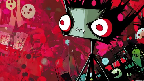 Stark cartoon creature amid chaotic crimson cityscape.