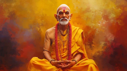 Serene orange-robed guru in meditative pose amid glowing aura.