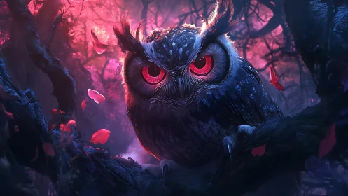 Bioluminescent-eyed owl studies viewer in neon twilight forest
