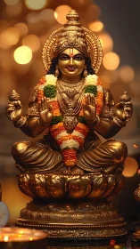 Gilded deity sculpture with floral garlands and bokeh illumination.