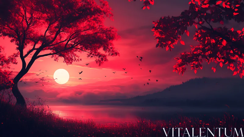 Crimson twilight cradles a mirrored moon across silent water