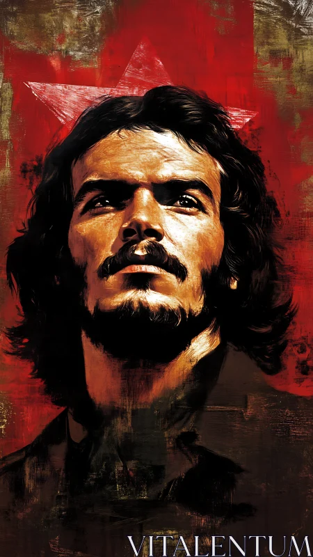 Textured digital portrait isolates defiant male figure on red field