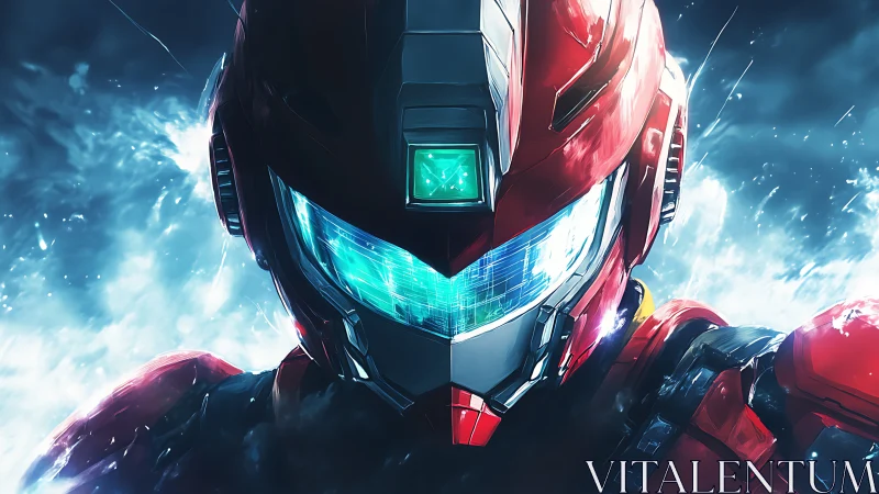 Cyberpunk exosuit portrait in dynamic frontal composition.