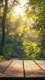 Wooden Platform Foreground with Bokeh Forest Canopy and Diffused Golden Sunlight