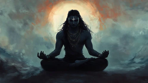 Meditative deity silhouette within turbulent luminous halo field.
