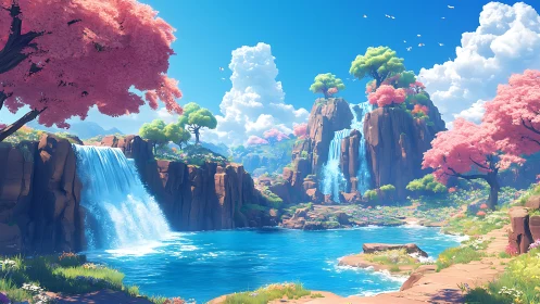 Sunlit waterfalls pour into a bright pool of tranquil magic