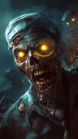 Glowing eyed zombie steps from the mist in eerie detail.