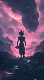 Silhouetted warrior beneath fragmented sky in magenta light.