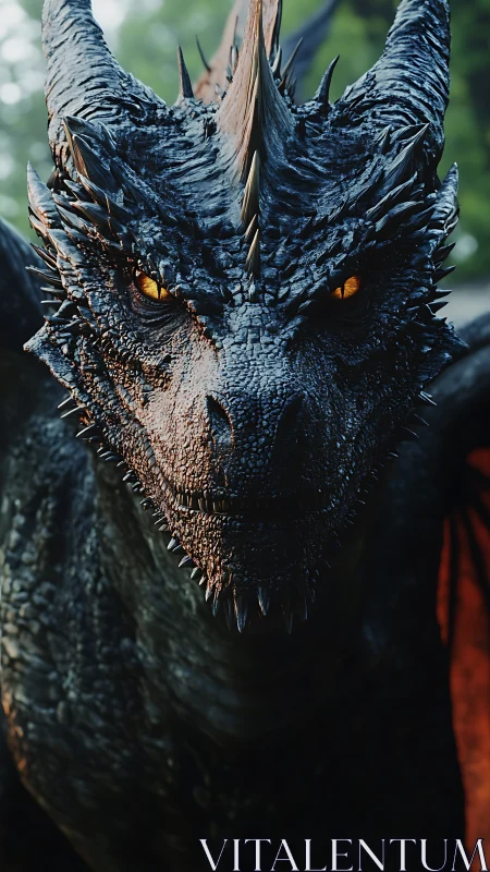 Fiery eyed dragon gazes forward with powerful calm wonder