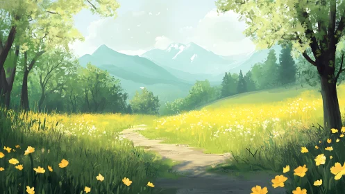 Sunny mountain meadow path inviting a peaceful stroll.