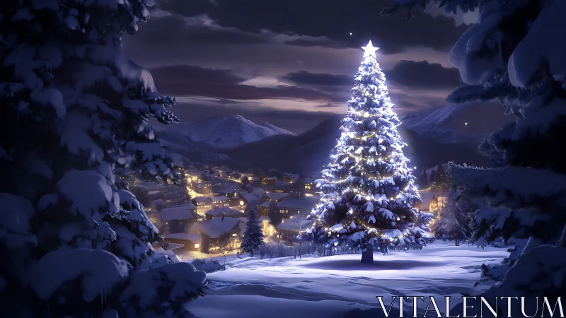 Snow-covered evergreen tree stands illuminated above village