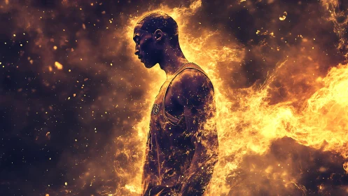 Basketball silhouette immersed in dynamic particle flames.