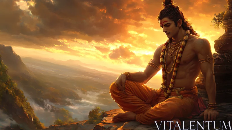 Divine warrior meditates in molten sunset mountain light.