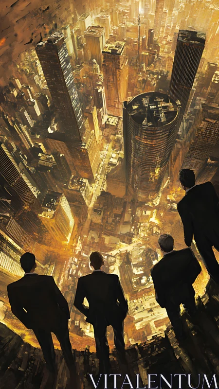 Executives overlook vast golden city from towering ledge.