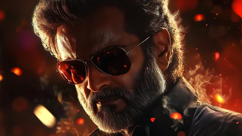 Smoldering silver fox in shades stalks through emberlight storm.