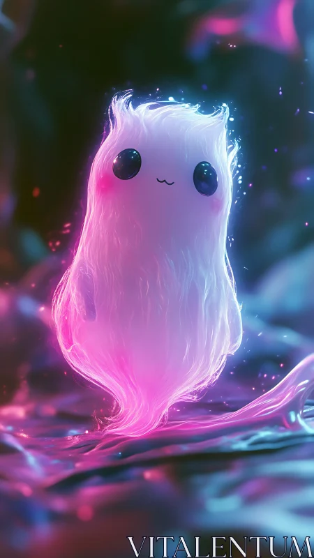 Cute glowing spirit creature in neon fantasy scene.