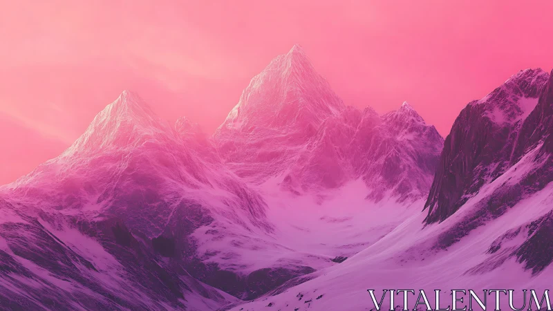 Snowy mountain range glows under vivid pink twilight sky
