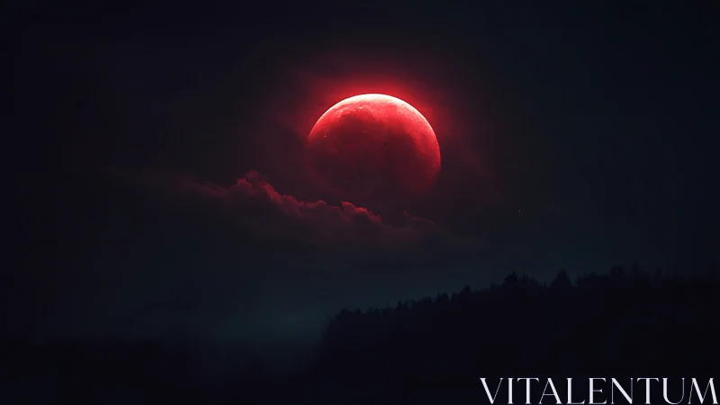 Digital painting of a blood-red lunar eclipse above forest silhouettes.