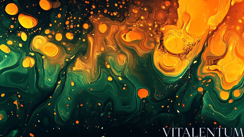 Orange fluid shapes flow across dark green swirling background