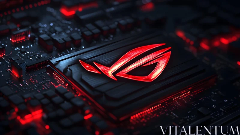 High-tech gaming motherboard with glowing red ROG logo, cyberpunk style.