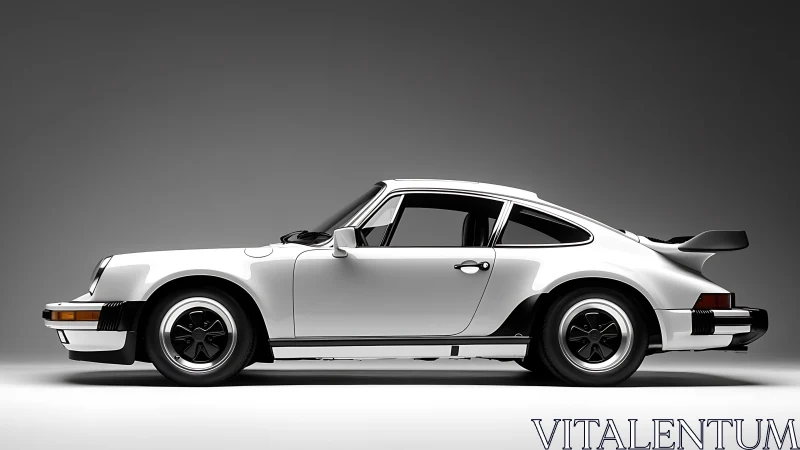 Side profile shows classic white rear‑engine coupe in studio
