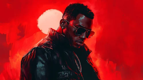 Moody portrait of cool man in leather against red sun.