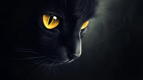 Luminous Feline Gaze: Black Cat's Hypnotic Golden Eyes.
