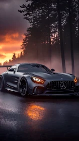 Sports coupe on wet forest road at sunset in profile view.