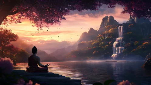 Digital painting of meditating monk by waterfall at dusk.