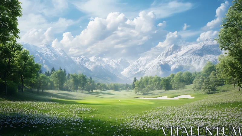 Mountain valley golf fairway with snow peaks and clouds.