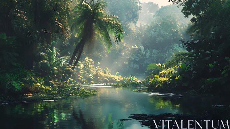 Misty Jungle Waterway Bathed in Golden Sunlight