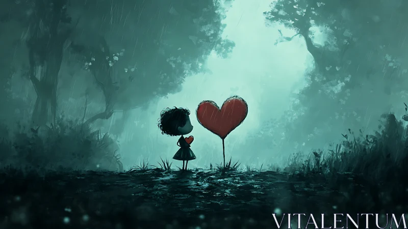 Child with Heart Balloon in Rainy Enchanted Forest