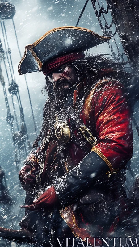 Battle-worn pirate captain braves a harsh winter storm.