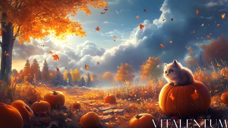 Autumn Pumpkin Patch: Whimsical Cat Digital Landscape Composition.