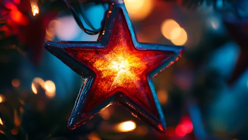 Illuminated red glass star ornament is photographed in close-up