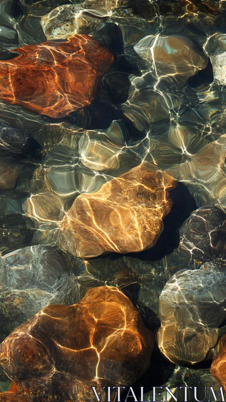 Refracted sunlight over fluvial cobbles in shallow streambed.