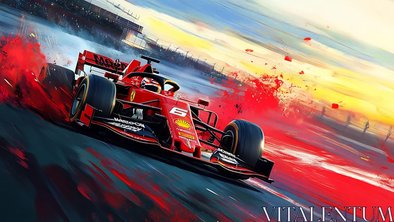 Dynamic Formula race car drifting through abstract red spray