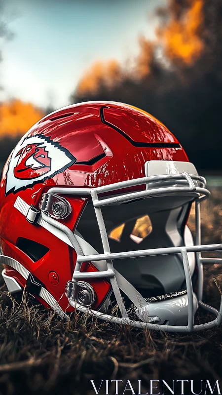 Red football helmet on grass in warm evening light.