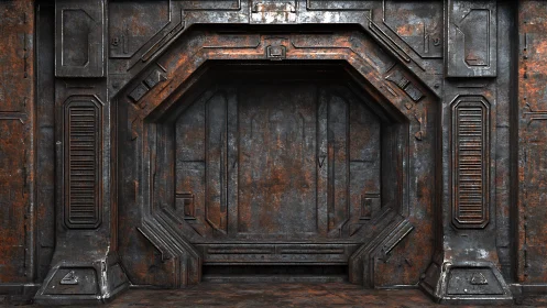 Rusted industrial sci fi bulkhead door with metal wall.