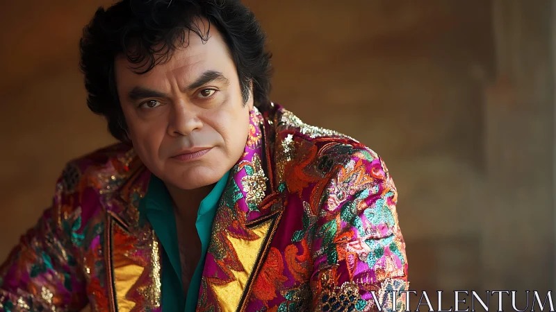 Ornate portrait of man in iridescent embroidered blazer.