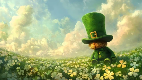Leprechaun figure sits in clover field under glowing clouds
